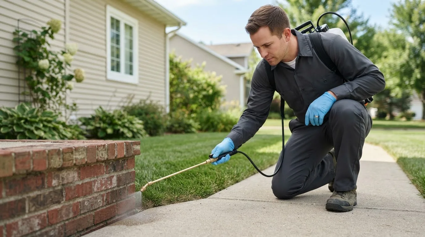 Pest control technician treating a home near Hyannis Port, MA